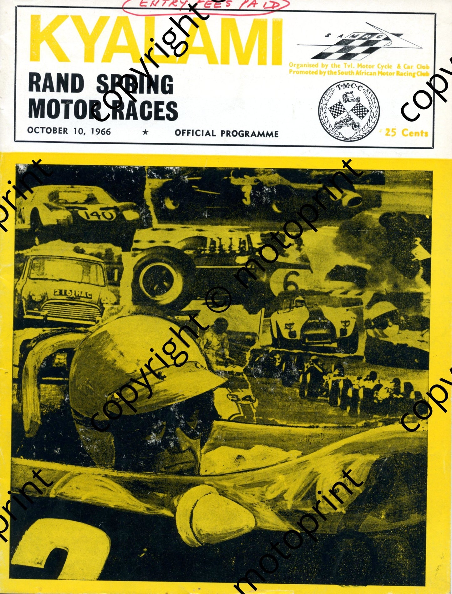 1966 Rand Spring; entry lists FV, motorcycle, Onyx prod car, main, SA saloons, SA sports 001