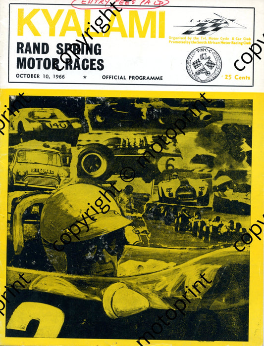 1966 Rand Spring; entry lists FV, motorcycle, Onyx prod car, main, SA saloons, SA sports 001