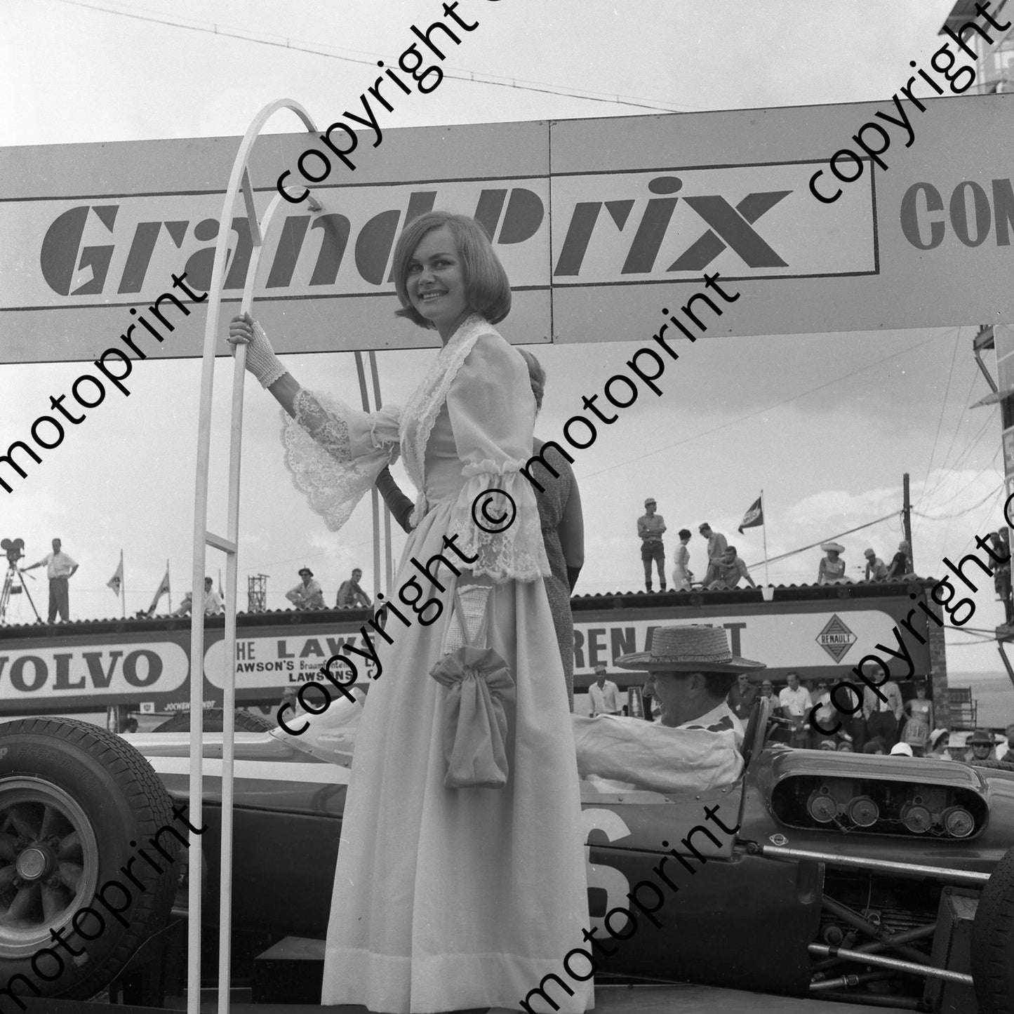 1967 SA GP _Grand Prix_ film promotion_ Miss SA, NOTE Serrurier LDS with Sam Tingle in car (courtesy Ken Stewart) 109