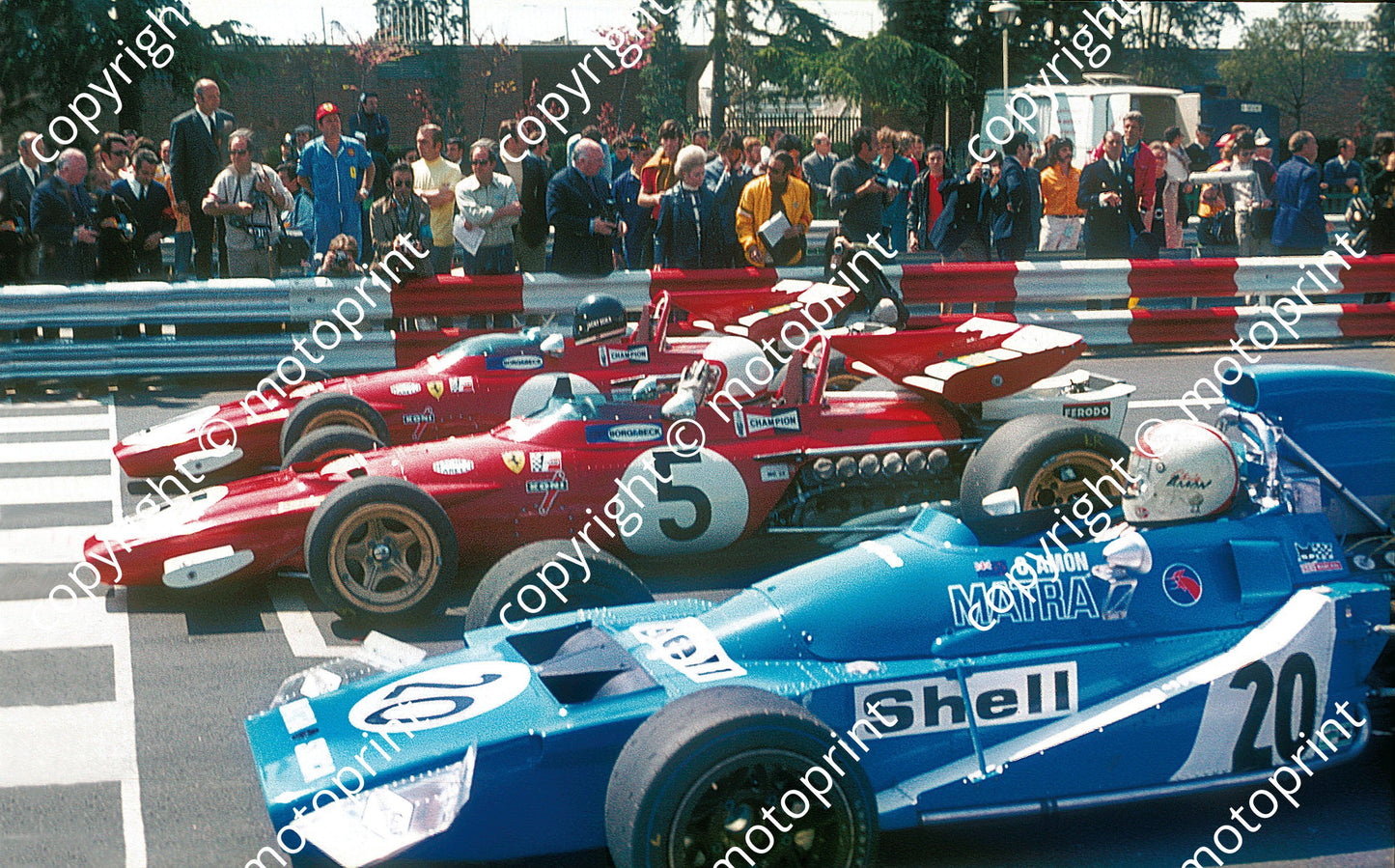 1971 Spanish GP (Montjuich) Amon Matra MS120, Regazzoni, Ickx Ferrari 312 start