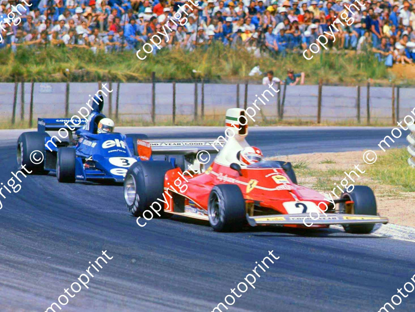 1976 SA GP 2 Clay Regazzoni Ferrari 312T-023 3 Jody Scheckter Tyrrell 007-6 (permission Malcolm Sampson Motorsport Photography) 447
