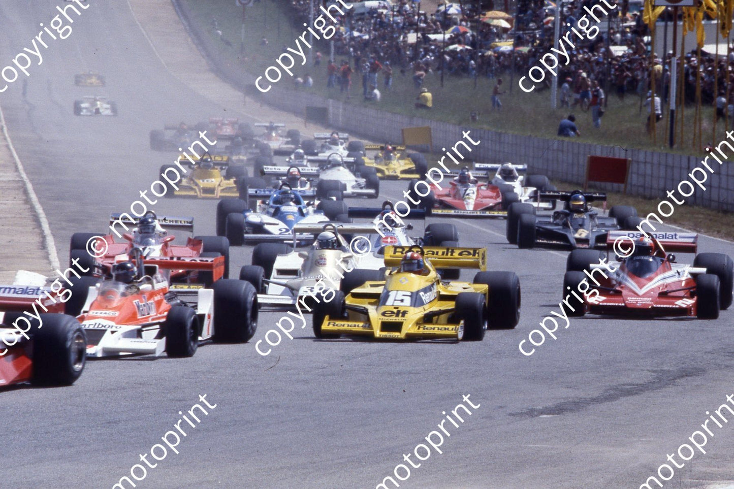 1978 SA GP 7 Hunt Mclaren, 35 Patrese Arrows, 15 Jabouille Renault, 2 John Watson BT46-3 (courtesy Roger Swan)