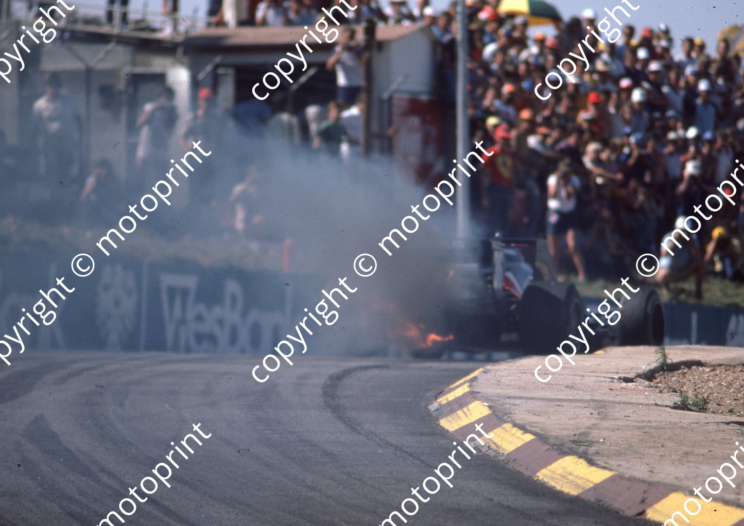 1983 SS SA GP 36 Bruno Giacomelli Toleman TG183B retiring Hart engine blown at Leeukop (Colin Watling Photographic) (4)