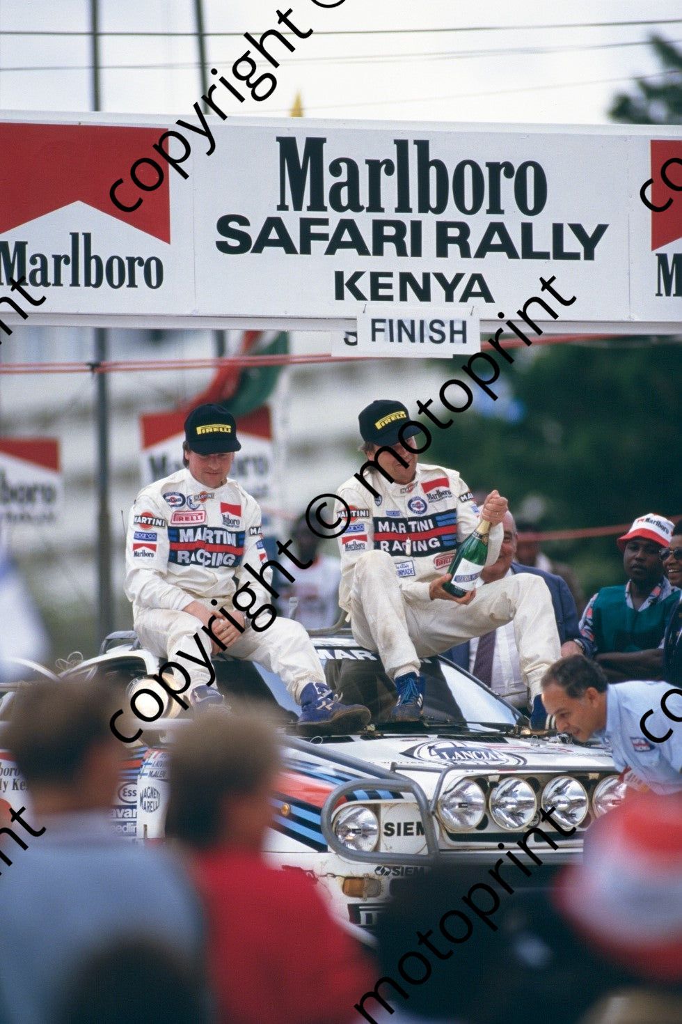 1986 Safari 3 Markku Alen, Ilkka Kivimaki Lancia 037 Rally rostrum (courtesy Roger Swan) (2)