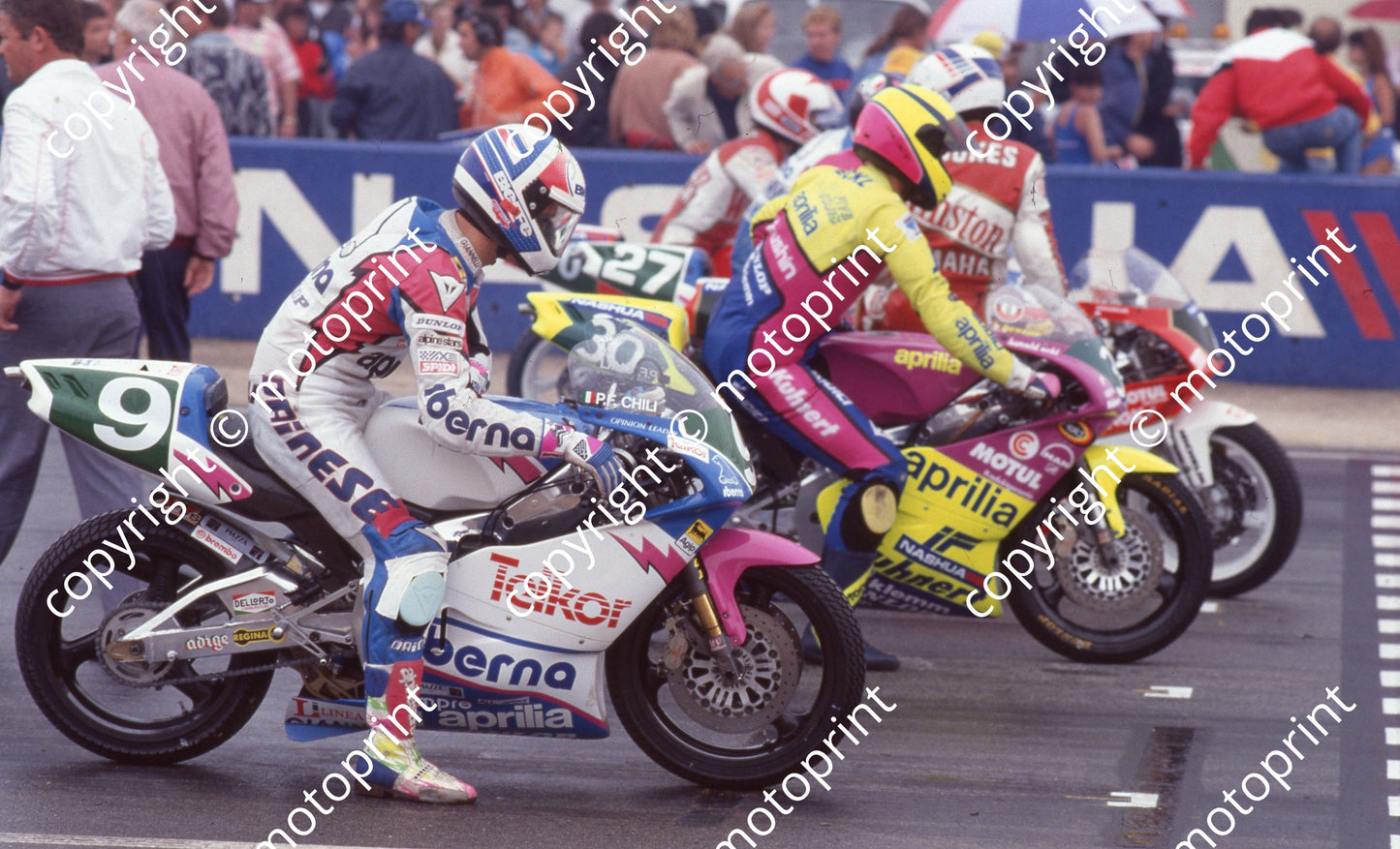 1991 Kya Nashua Chili, Eckl both Aprilia, Crookes Yamaha 27 Colleoni Aprilia (Watling Photo)