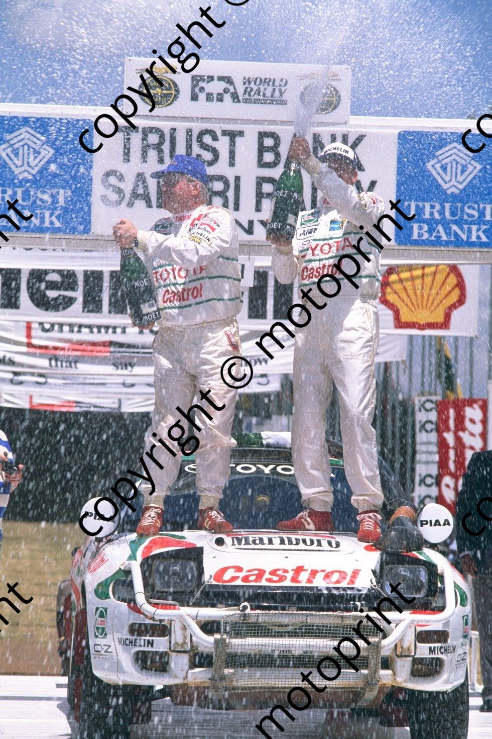 1993 Safari 1 Juha Kankkunen, Juha Piironen Celica Turbo 4WD podium (courtesy Roger Swan) (230)