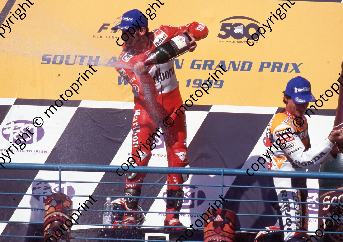 1999 Phakisa SA GP 500 podium Max Biaggi 1st Alex Criville 3rd (Watling Photo) (2)