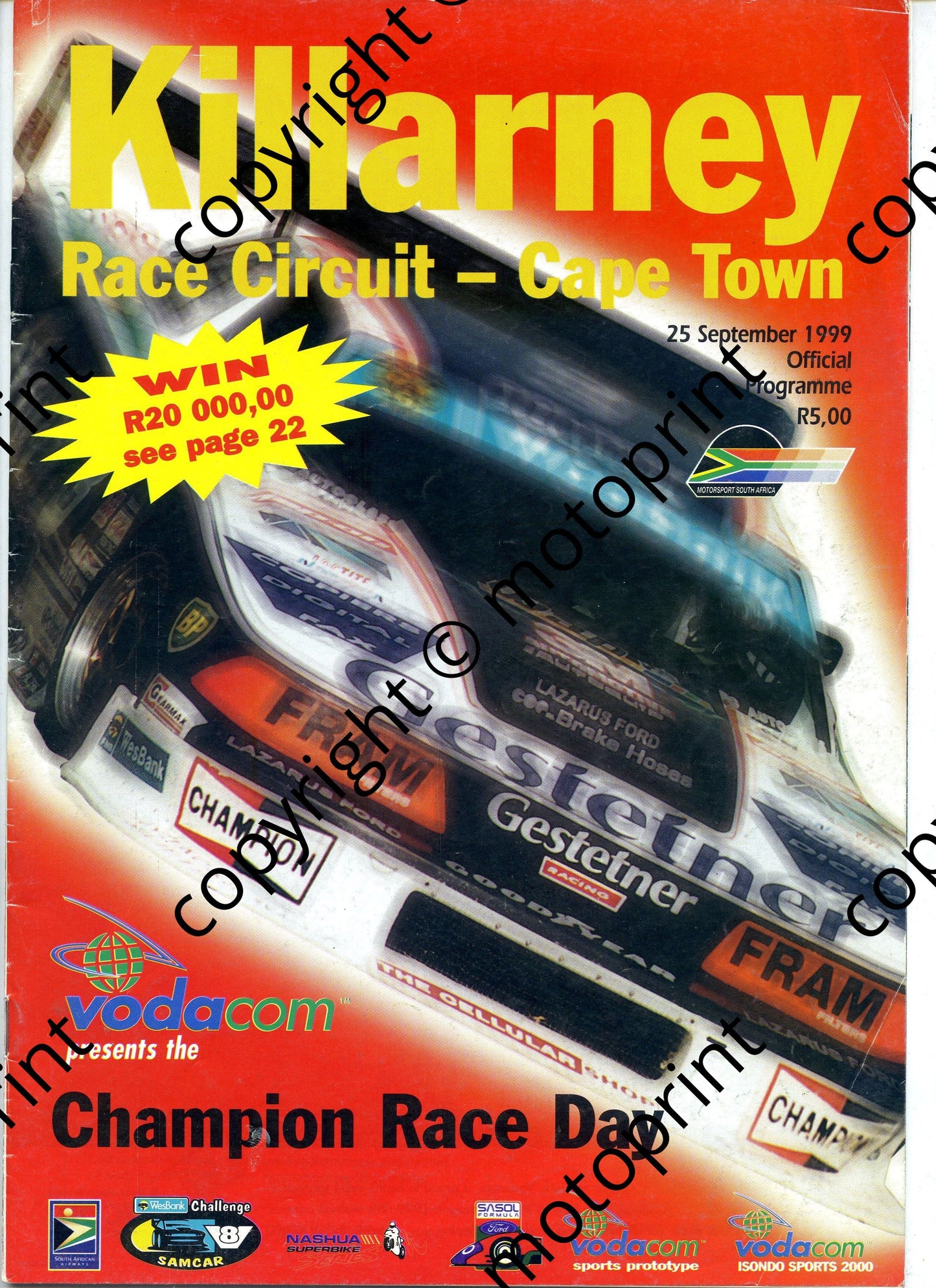 1999 Sept Killarney Champion Race Day Cover, entries Wesbank V8, FF, Spirit Supercars, Supersport MC, clubman cars, S2000, Sports Prototypes