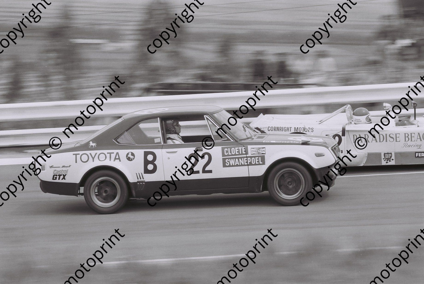 SL 1972 Kyalami 9 hr Cloete Swanepoel Toyota GSS dnf suspension, Chevron B21 G Tunmer Roger Heavens (in Car)