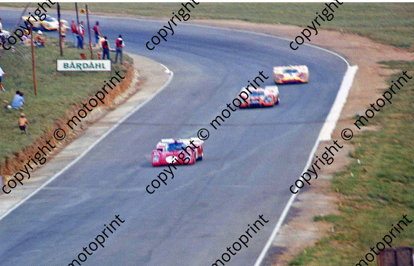 SP 1st lap from Clubhouse balcony, Ferrari 512, Gunston 917, Martini 917 ice sharpen
