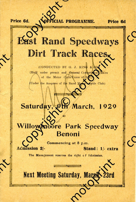 1929 East Rand Speedway001 entry list