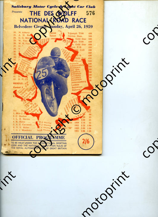1959 Apr, Des Wolff Belvedere; driver-riders pics, profiles, Beira pics, entry list motorcycle, cars April pr rho017