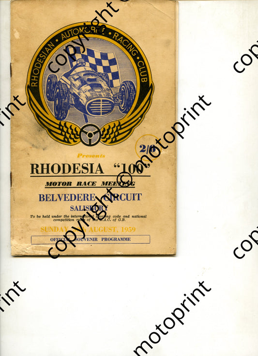 1959 Aug pr a Rhodesia 100 Belvedere Aug; map, driver-rider pics, entry list cars 001