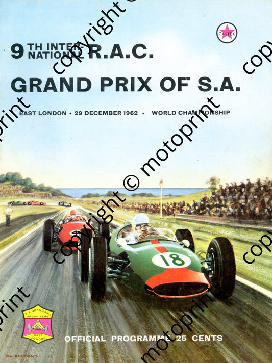 1962 SA GP a to order following see home page news 12 Sept 2010; descrip drivers, riders; entry lists GP, support race; mc,  018
