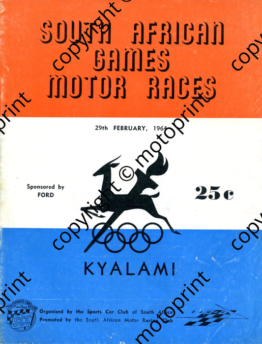 1964 SA Games races; entry lists main, motorcycles, sidecars, sports and GT, saloons, std prod saloons, Eloff Str Dash 001