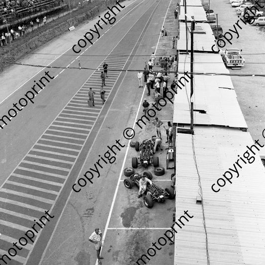 1967 SA GP pits from above Brabhams foreground Denny Hulme guarding his (courtesy Ken Stewart) 049