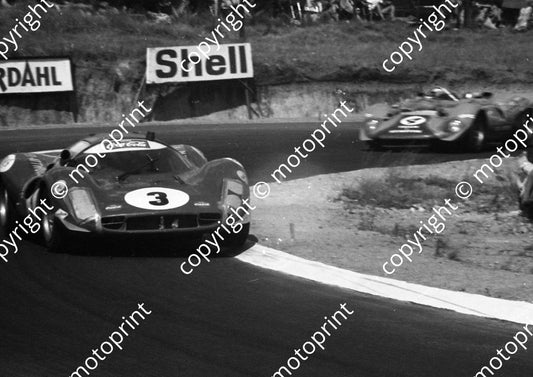 1968 3 Ferrari P3 on Clubhouse kerb David Piper Dick Attwood 4 Ferrari P4 CanAm Paul Hawkins John Love A4 (courtesy Ken Stewart) (1)