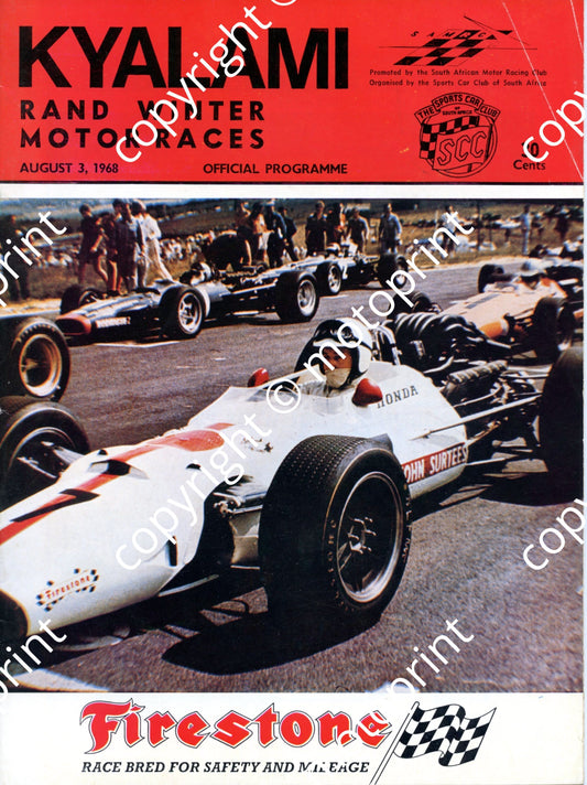 1968 Rand Winter races;  entry lists; motorcycles, SA sports, Onyx, F1, FV, SA saloons, historic and descrip cars, Aldo Scribante feature 001