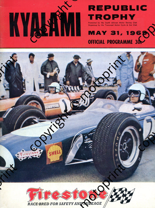 1969 Republic Trophy; entry lists motorcycles, SA saloons, F1, Onyx and driver notes (Keizan Mini), Bardahl FV and FF, lap record feature 001