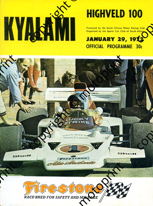 1972 Highveld 100;  period FV adverts, intnl motorcycle notes, pics, FF sunshine series notes, entry lists motorcycle, FV, FF, F1, Star prod cars  001