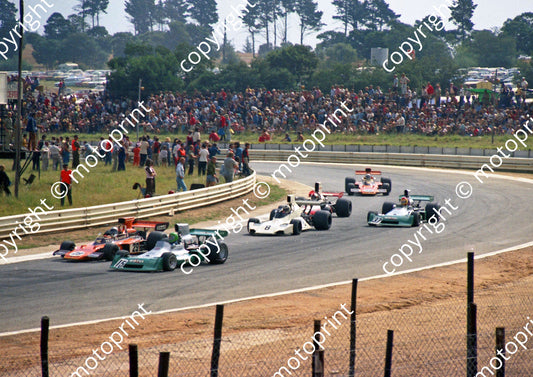 1974 SA GP Ian Scheckter Lotus 72, Henri Pescarolo BRM P160, RIchard Robarts Brabham BT44, Francois Migault BRM, Eddie Keizan Tyrrell, Paddy Driver Lotus 72 CROP(Watling)