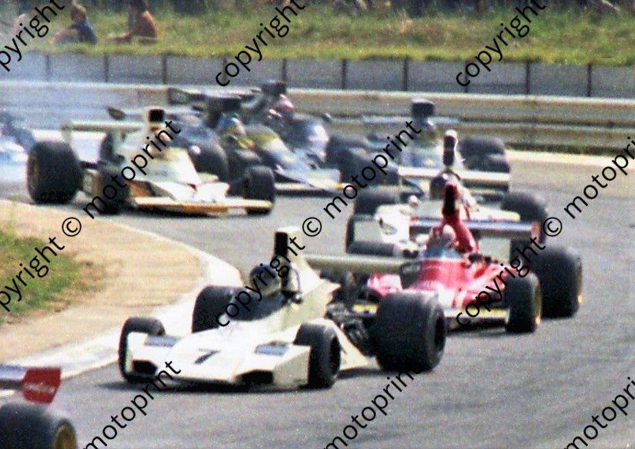 1974 SA GP Reutemann Brabham, Regazzoni Ferrari,   Hunt Hesketh, Hailwood McL M23 SMOKE_ PETERSON HITS ICKX Lotus 76s(Watling)