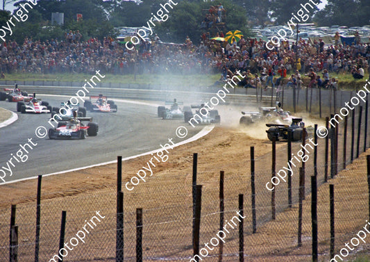 1974 SA GP right Petersen, Ickx both Lotus 76, middle, Mass Surtees back_  Watson BT42, 15 Pescarolo_ 18 Pace, 14 Beltoise,  26 G Hill, 28 I Scheckter Lotus 72  (Watling)