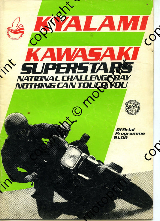 1981 Kyalami May;  Kawasaki challenge; entry list main and motorcycles, feature motorcycles, FF, prod cars (colour VD Merwe Cortina) Sigma profiles