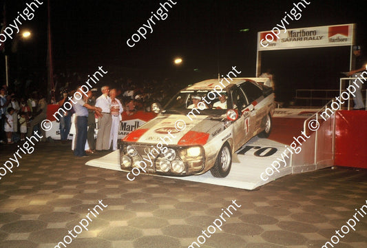1983 Safari 1 Michele Mouton, Fabrizia Pons Audi Quattro A1 leaving ramp night start (courtesy Roger Swan) (658)