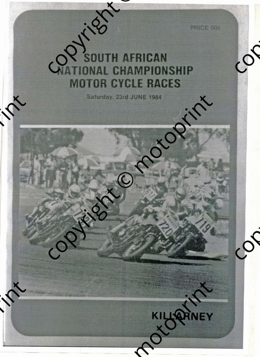 1984 Killarney June Nat MC races Cover, entry lists WP riders champs, SBK, FF, F1  & 250, Bikes class 575, 750, 102, mod saloons circuit map