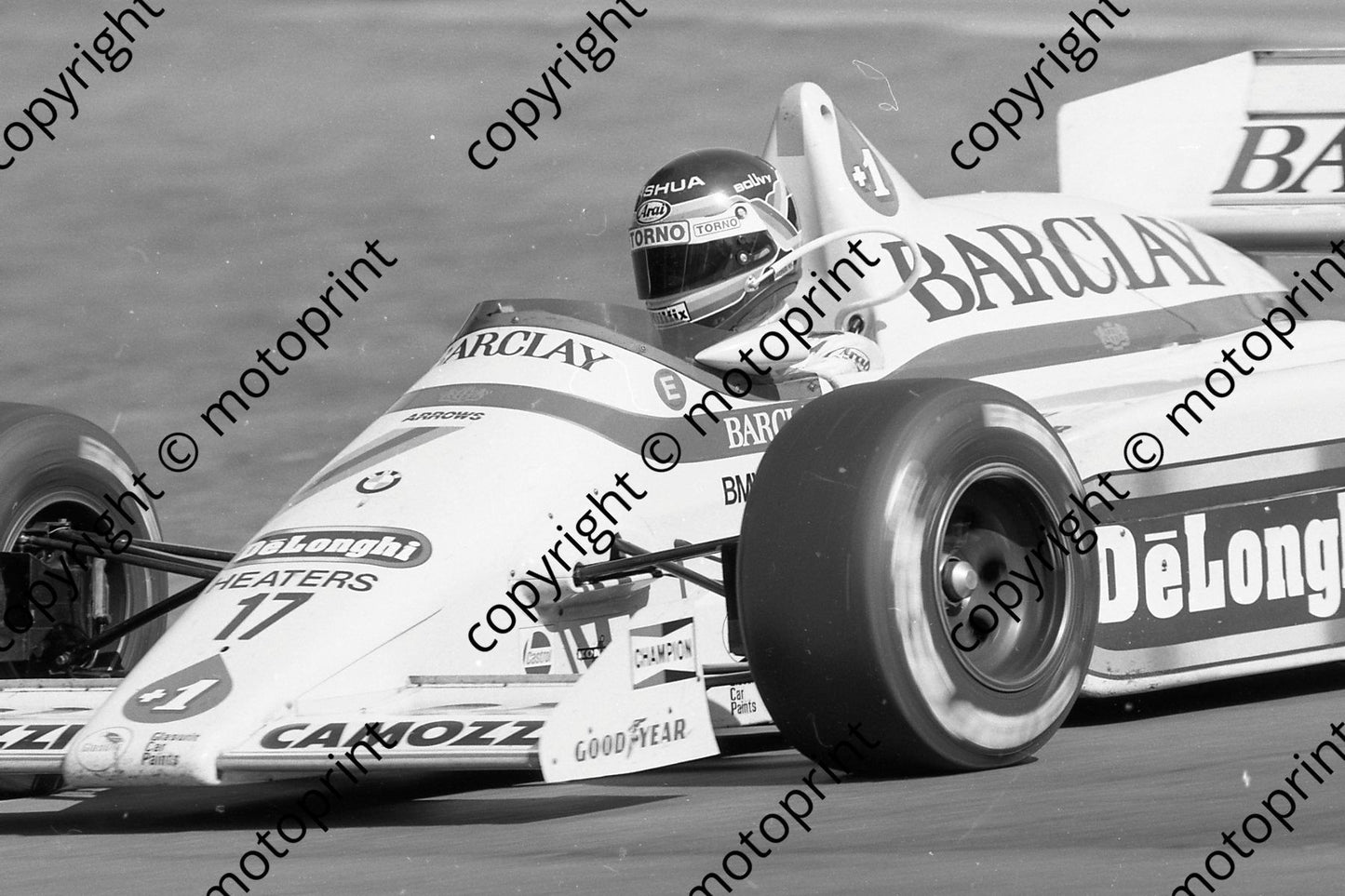 1985 Brands European GP 17 Gerhard Berger Arrows BMW A8 BOUTSEN IN CAR CHECK HELMET (Colin Watling Photographic) (157)
