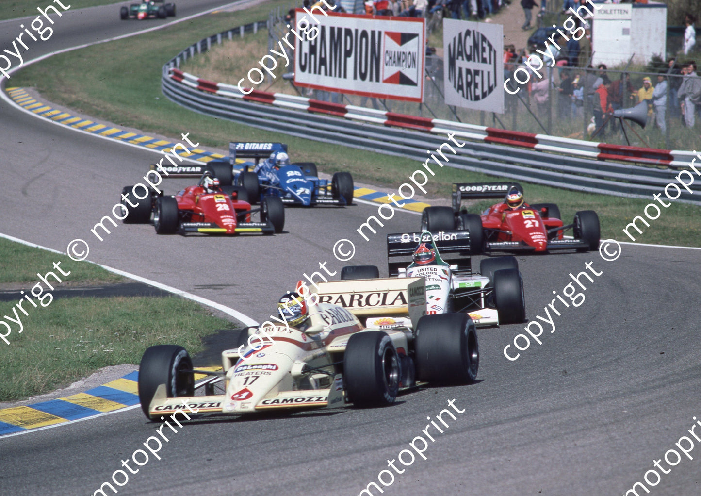 1985 Dutch GP 17 Berger Arrows 20 Ghinzani Toleman 27 Alboreto Ferrari 28 Johansson Ferrari 25 De Cesaris Ligier (Colin Watling Photographic)