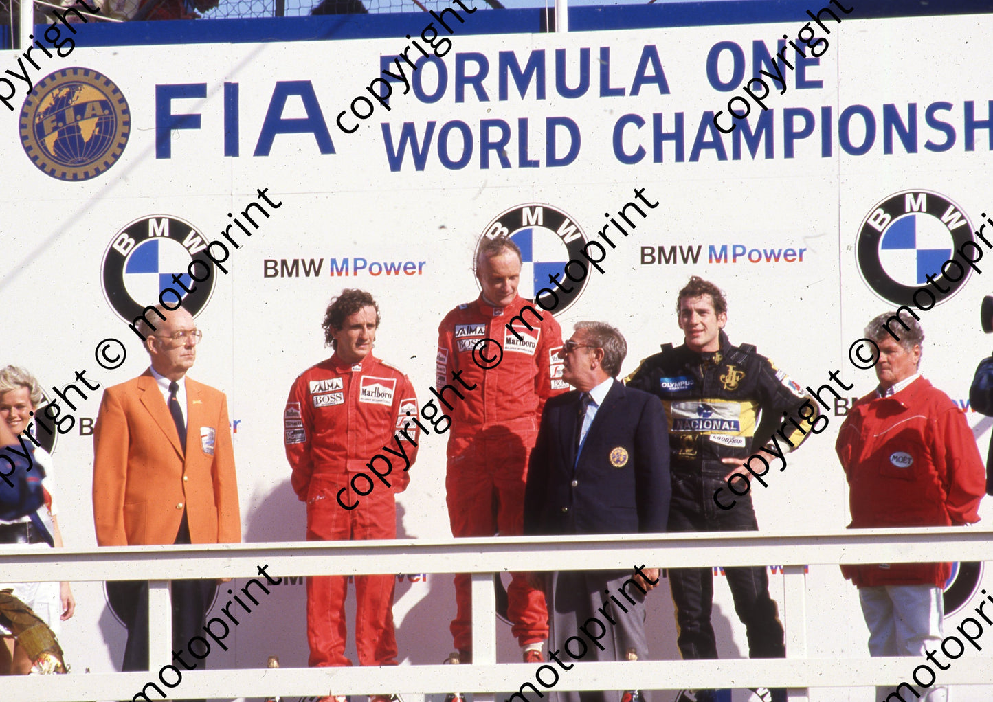 1985 Dutch GP 1 Niki Lauda 1st Alain Prost left 2nd, Ayrton Senna right 3rd (Colin Watling Photographic) (80)