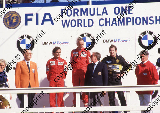 1985 Dutch GP 1 Niki Lauda 1st Alain Prost left 2nd, Ayrton Senna right 3rd (Colin Watling Photographic) (80)