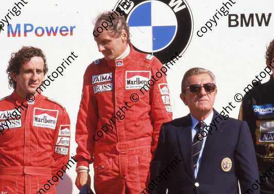 1985 Dutch GP 1 Niki Lauda 1st, Alain Prost left 2nd , Jean-Marie Balestre right (Colin Watling Photographic) (169)
