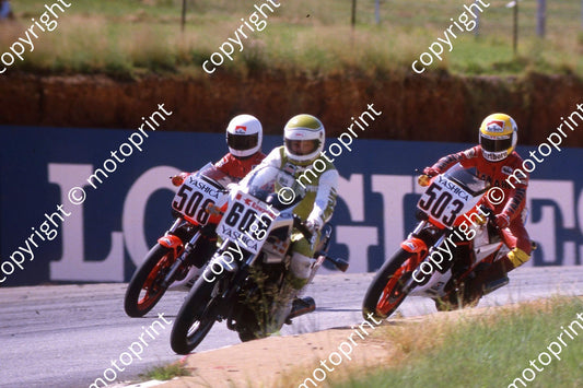 1985 Kya MC Oggi Jan 609 Jamie Thomas Kawasaki GPZ550, 508 D_Assonville, 503 Russell Wood Yamaha 350LC (courtesy Roger Swan)