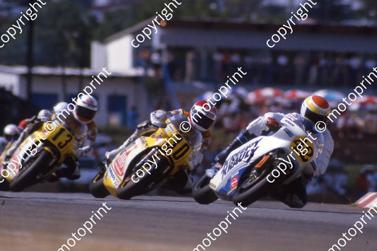 1985 MC SA GP 500cc 42 Dave Petersen 500 Honda 30 Sito Pons 13 Franco Uncini both HB Suzukis  (courtesy Roger Swan)294