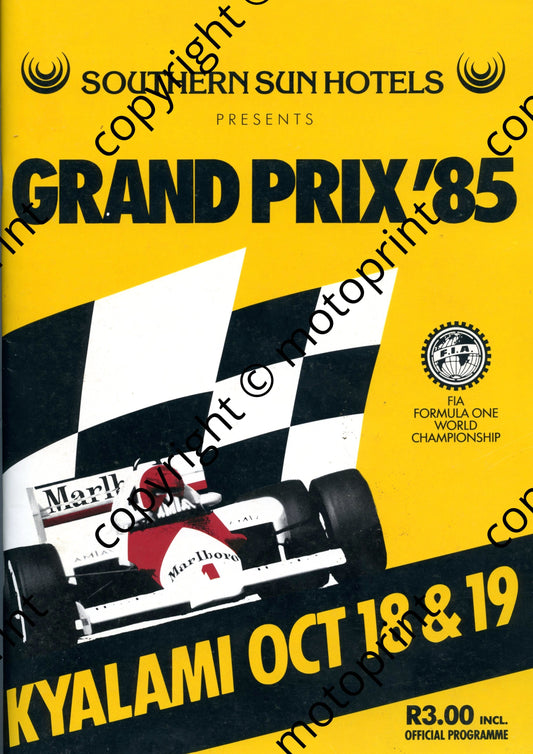 1985 SA GP; entry list GP, colour pics drivers, cartoon map Kya 001