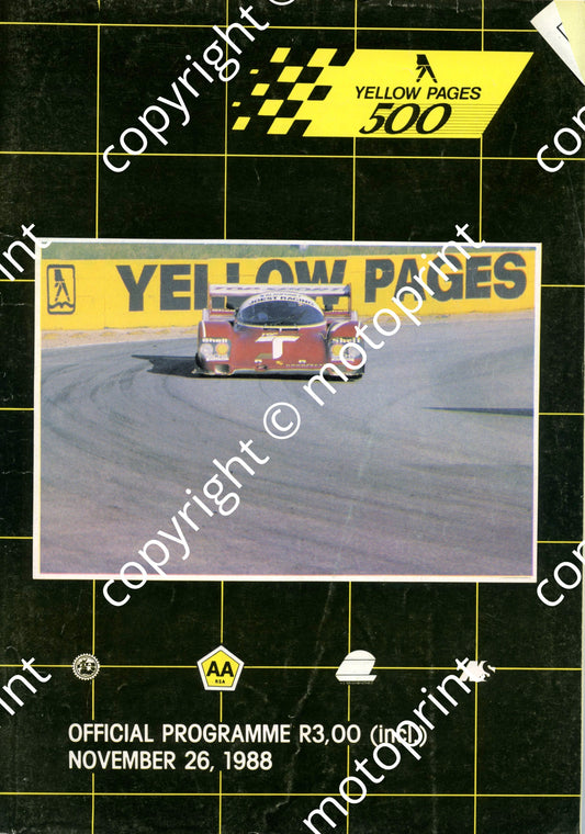1988 Yellow pages 500; colour pics entries, grid pos insert; entry list Superkart, GpN, Porsche Cup, Wesbank mod, FF, GTi 001