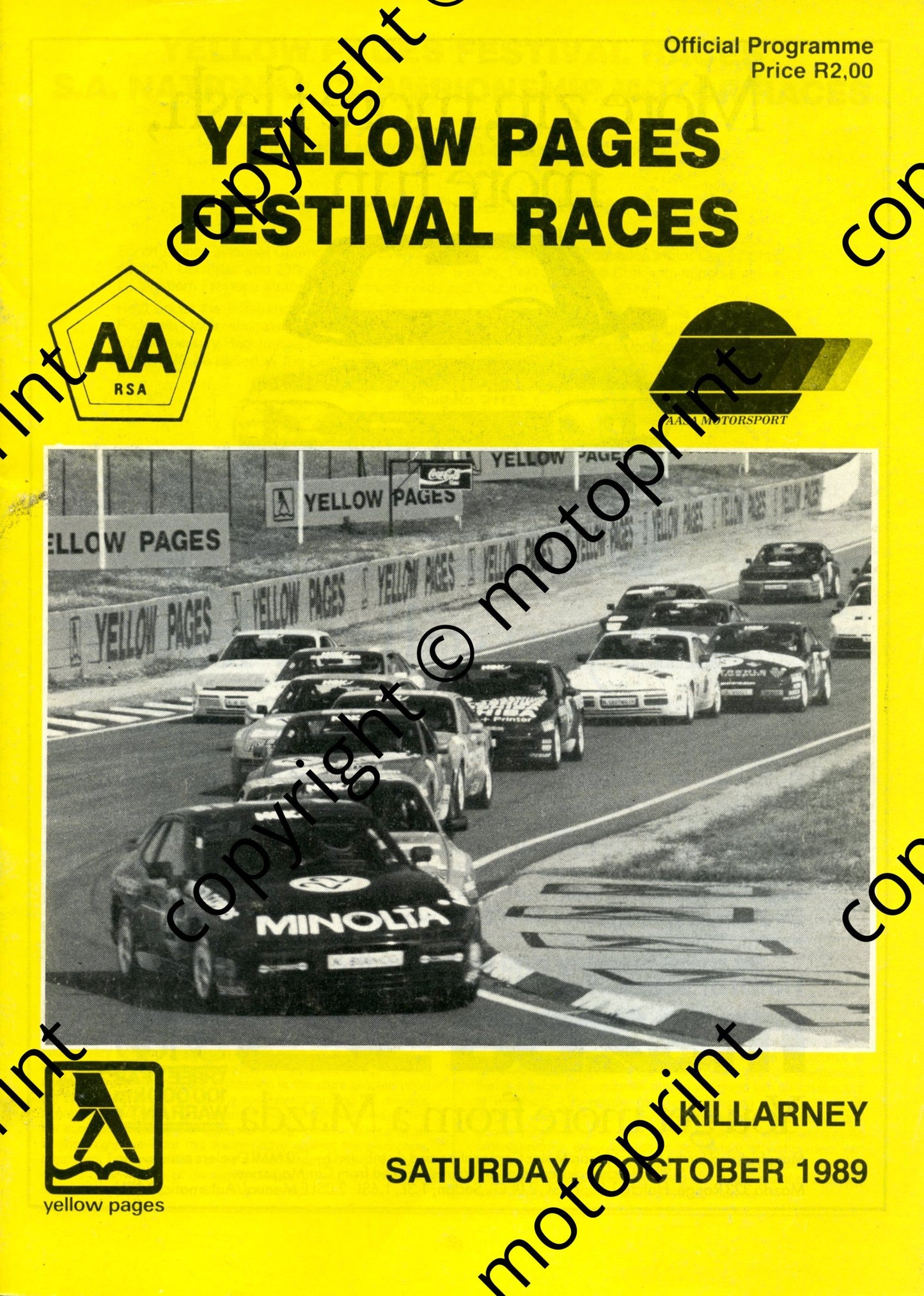 1989 Yellow Pages Killarney, circuit map, entry lists historic, clubmans, FF, motorcycles prod and race, Porsche Cup, Wesbank mod 001