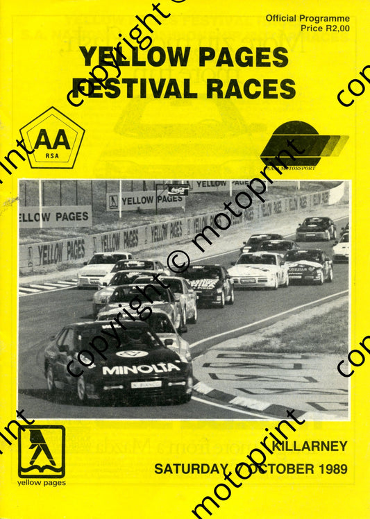 1989 Yellow Pages Killarney, circuit map, entry lists historic, clubmans, FF, motorcycles prod and race, Porsche Cup, Wesbank mod 001