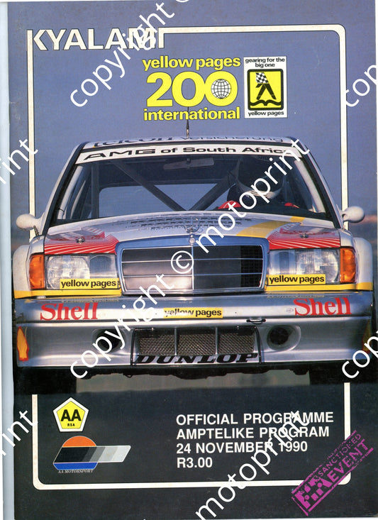 1990 Kya Yellow Pages 200 DTM Cover, driver profiles, entries, main race, superkarts, GTi, HCRR, Wesbank mod, Gp N Master Drivers