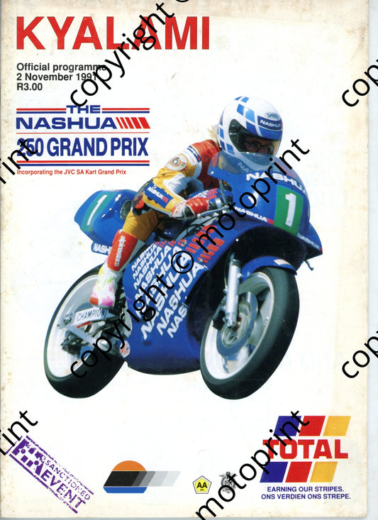 1991 Kya Nov Nashua Cover, entries 250 Intnl mc GP, kartss, D Irving profile, 250 GP profiles, JVC kart profiles, 250 MC kart GP, SBK, celeb race.