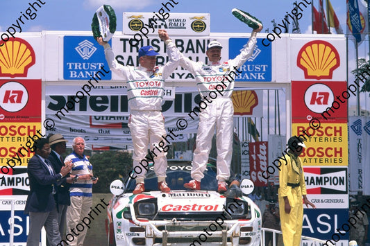 1993 Safari 1 Juha Kankkunen, Juha Piironen Celica Turbo 4WD podium  (courtesy Roger Swan) (222)