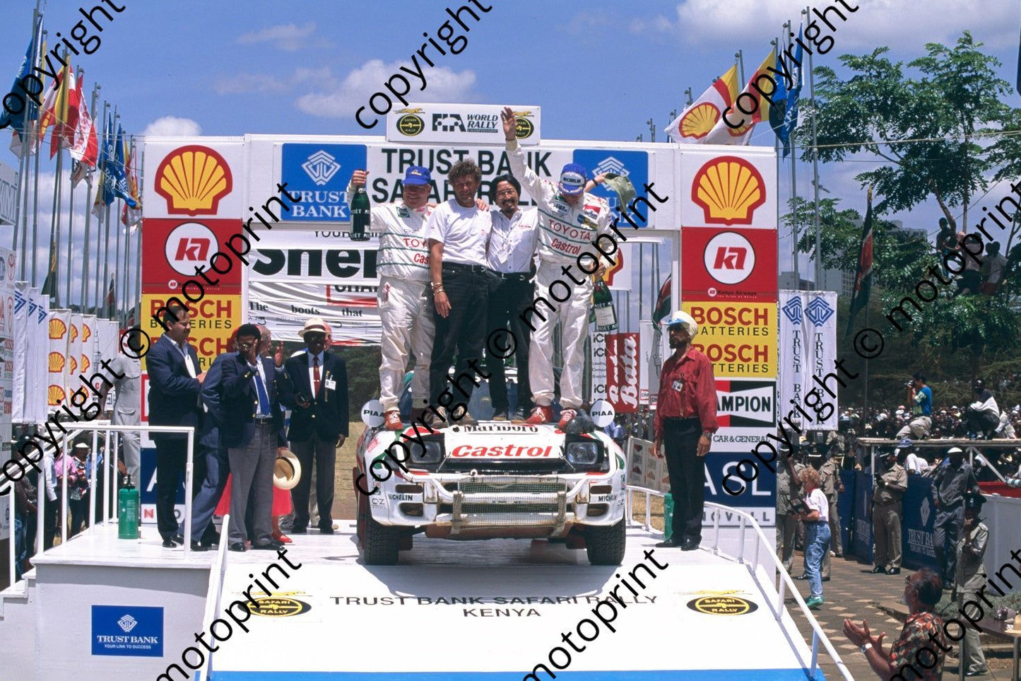 1993 Safari 1 Juha Kankkunen, Juha Piironen Celica Turbo 4WD podium  (courtesy Roger Swan) (243)