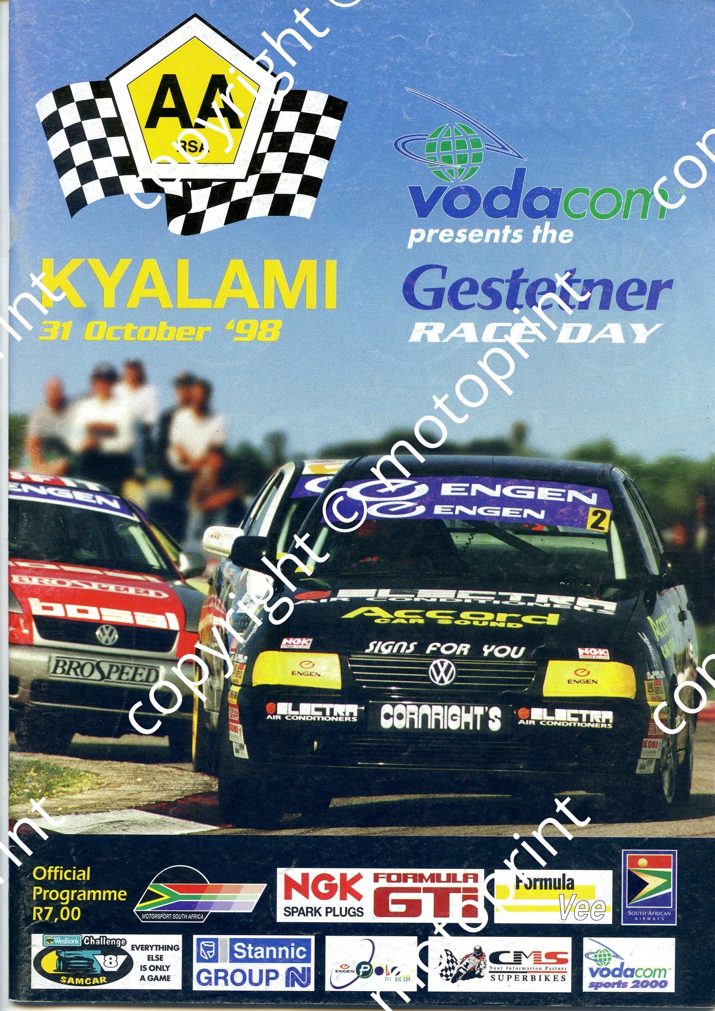 1998 Oct Kyalami Cover, entries WEsbank V8, CMS SBK MC, GP N, Engen Polo, GTi, FV, S2000.