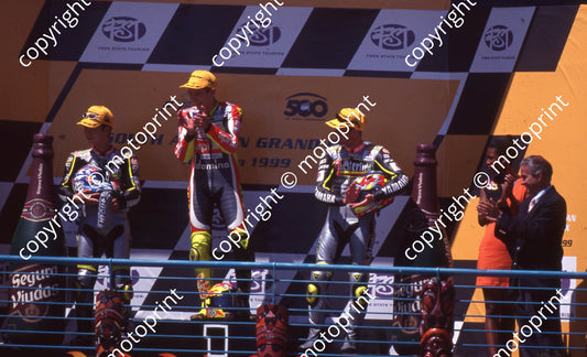 1999 Phakisa SA GP 250 46 Valentino Rossi Aprilia 1st, left 2nd Shinya Nakano right 3rd OLivier Jacque (Watling Photo) (5)