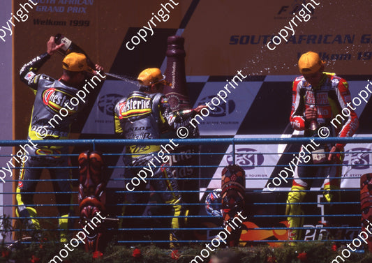1999 Phakisa SA GP 250 podium 46 Rossi 1st right Nakano 2nd Olivier Jacque 3rd (Watling Photo) (3)