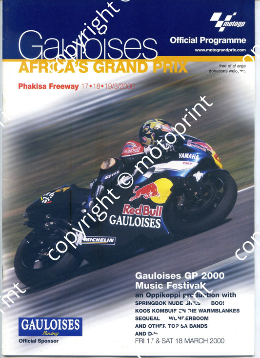 2000 March Phakisa MotoGP Cover entry lists 125, 250 MotoGP
