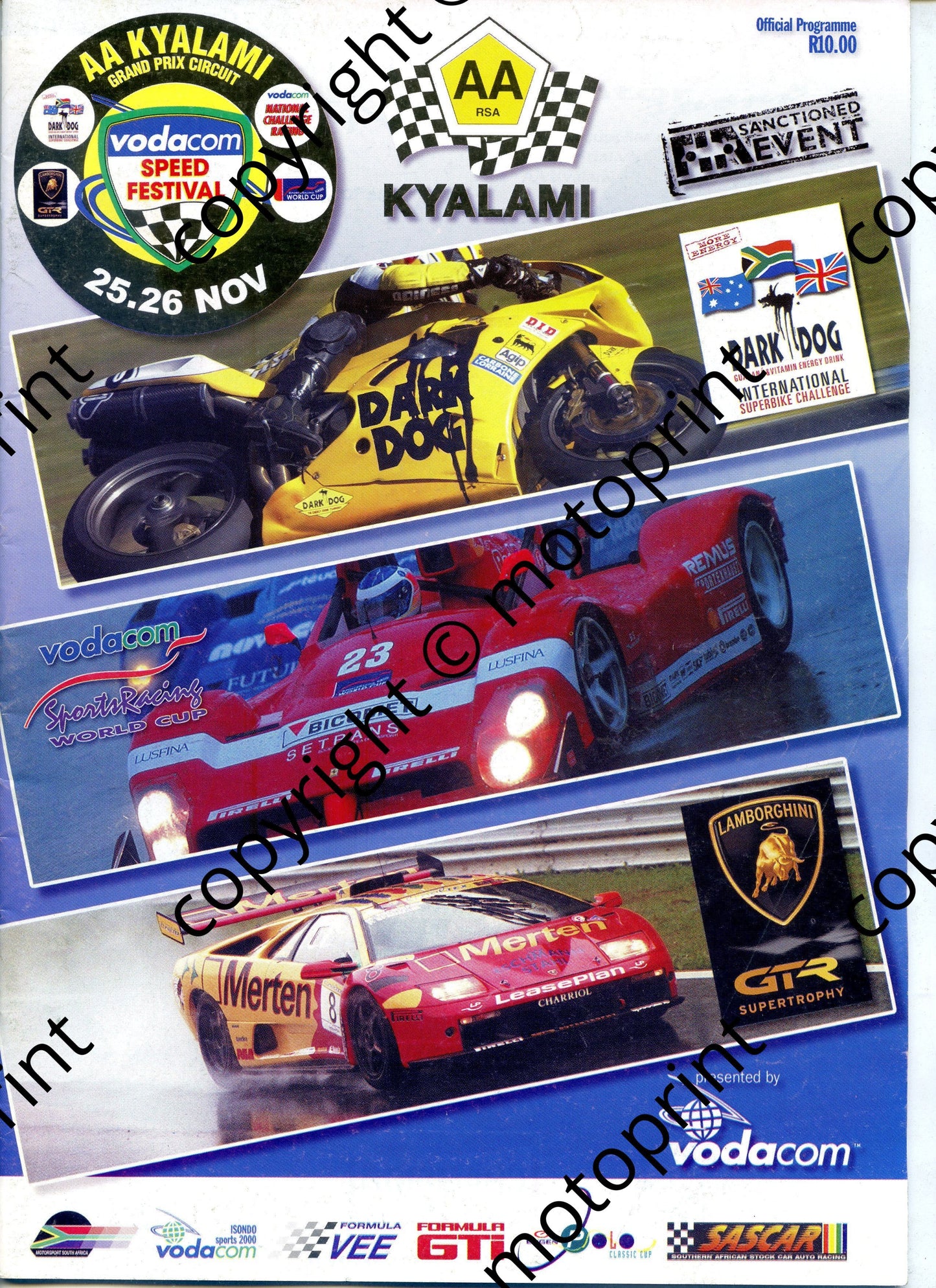 2000 November Kya Speed Festival Cover, circuit map, Intnl SBK, Lamborghini Trophy, Sports Racing World Cup, Polo Cup, Isando Sports Cars, GTi, FV
